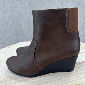 Lifestride Brown Faux Leather Wedge Ankle Boots 10M Side Zip Platform Booties
